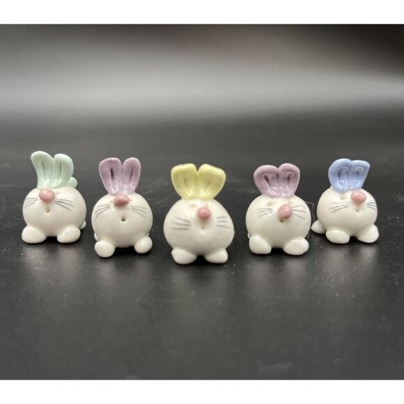 Mini Ceramic Rabbit Bunnies Spring Easter Village Dollhouse Figurines lot of 5 - Picture 2 of 11